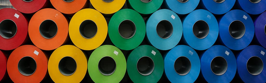 Rolls of prepainted steel coil in a range of RAL colors