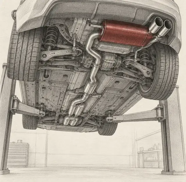 Lift üzerindeki bir otomobilin alt kısmının, egzoz sistemi boyunca susturucusu kırmızıyla vurgulanmış kurşun kalem çizimi.