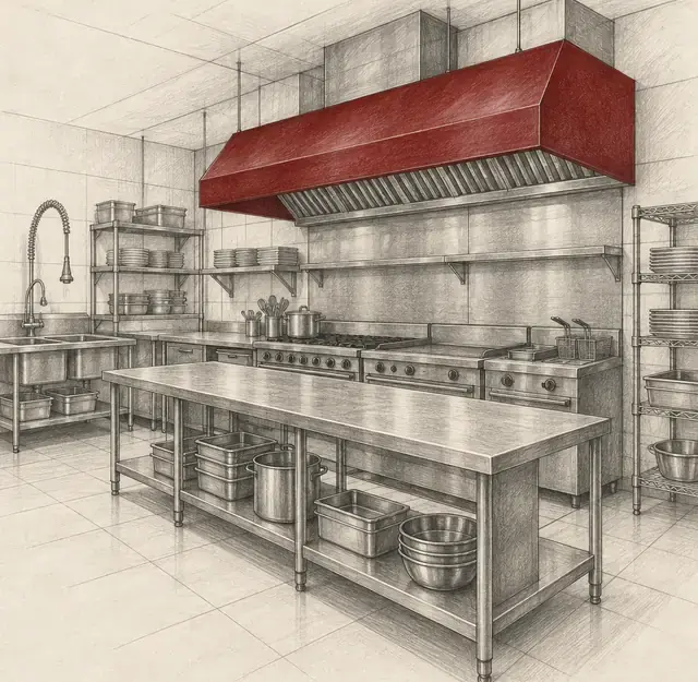 Paslanmaz çelik çalışma tezgâhları ve raflar bulunan, davlumbazı kırmızıyla vurgulanmış ticari bir mutfağın kurşun kalem çizimi.