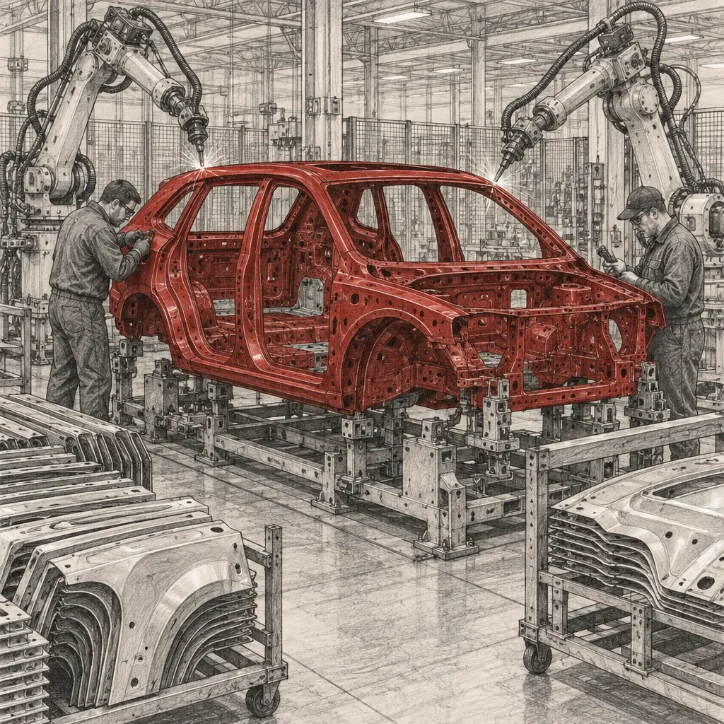 Robots de soudage et ouvriers assemblant la caisse rouge d'une voiture sur une chaîne de production
