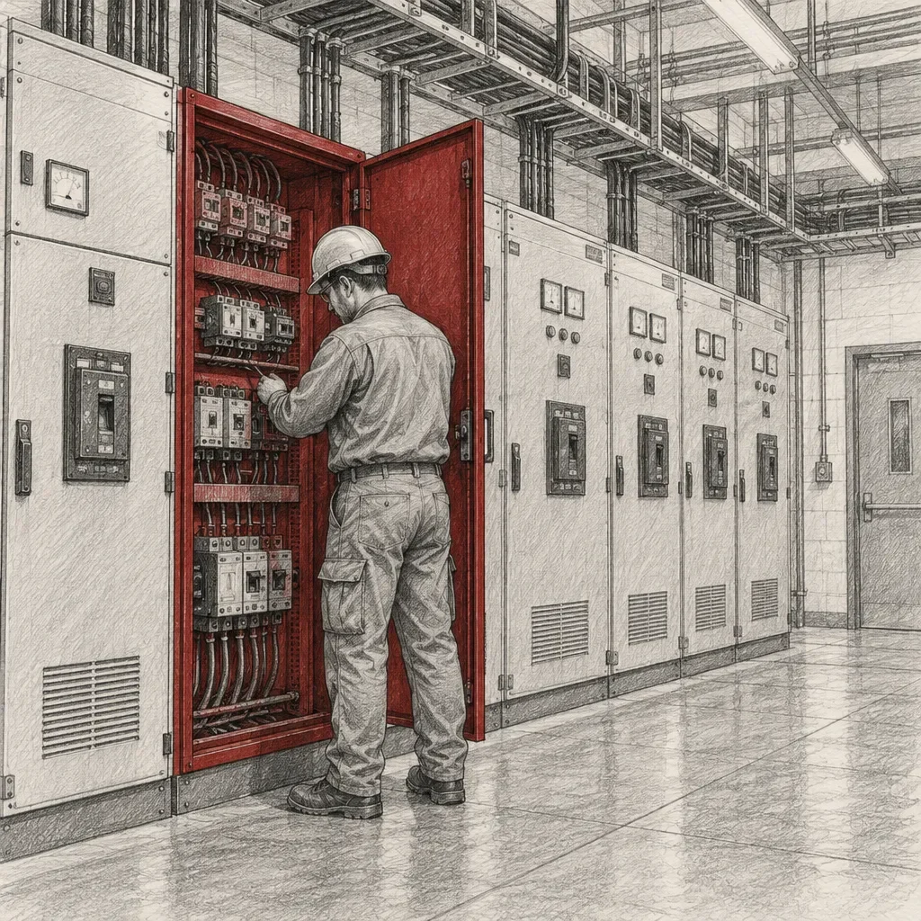 Électricien travaillant à l'intérieur d'une armoire électrique rouge