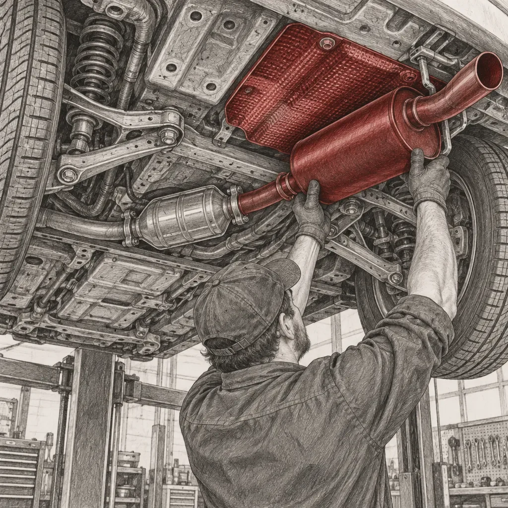 Mécanicien installant un système d'échappement rouge et un écran thermique sous une voiture