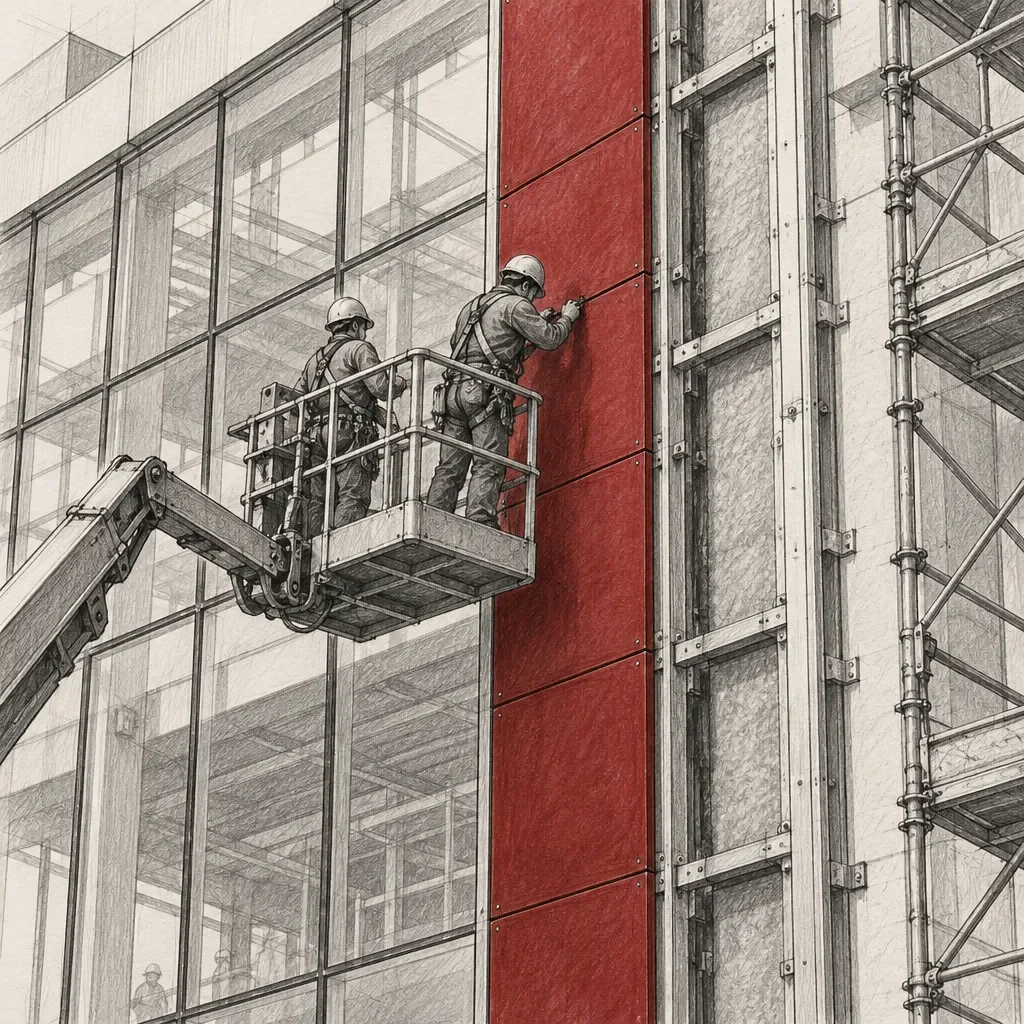 Ouvriers sur une nacelle fixant un bardage de façade rouge sur un bâtiment vitré