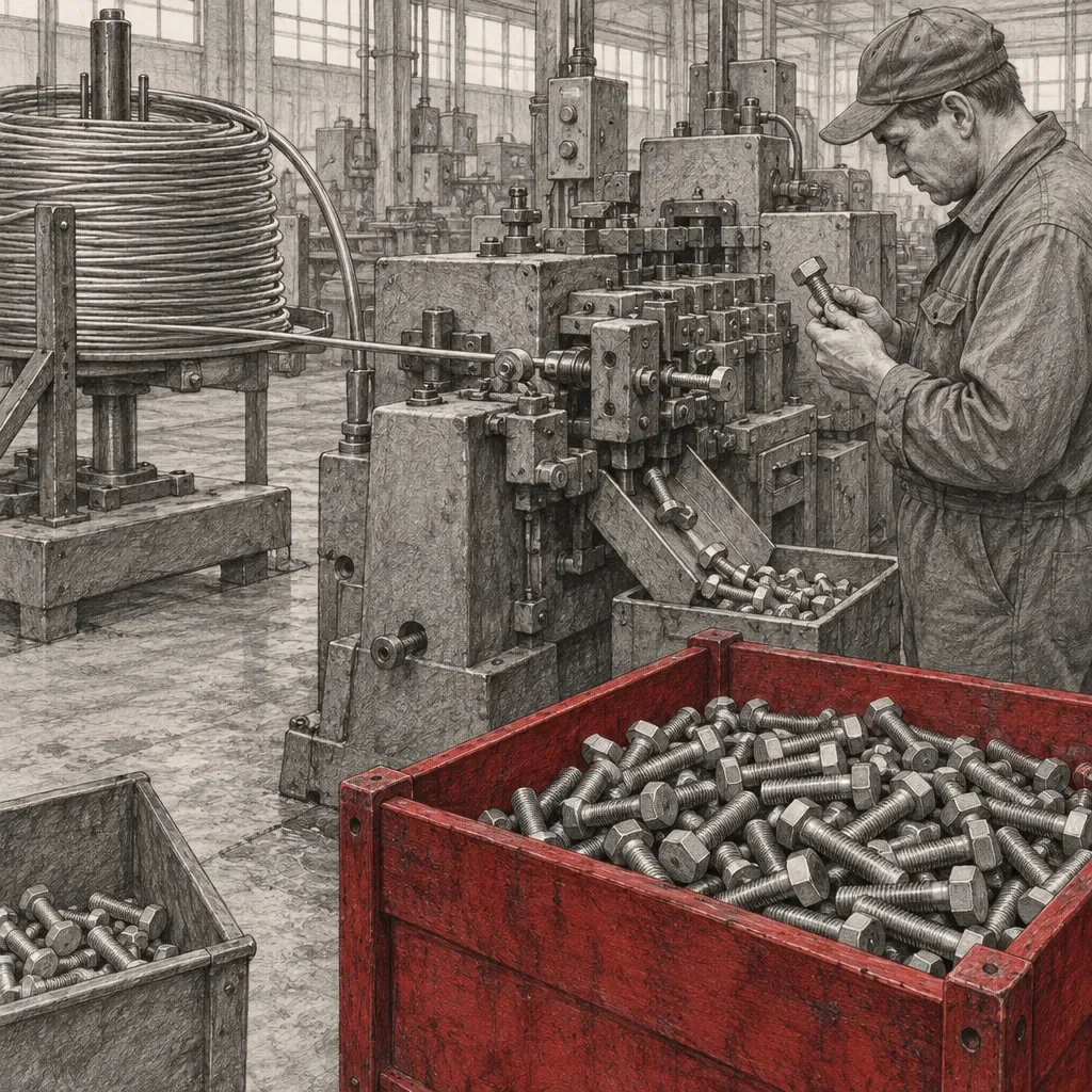 Ouvrier alimentant du fil machine dans une machine de frappe à froid qui laisse tomber des boulons finis dans une caisse rouge