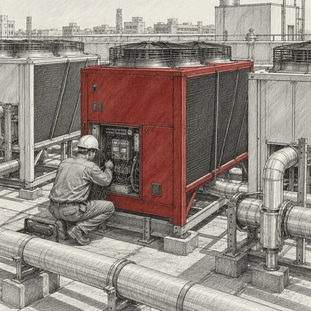 Technicien assurant la maintenance d'une unité de refroidissement industriel rouge sur un toit
