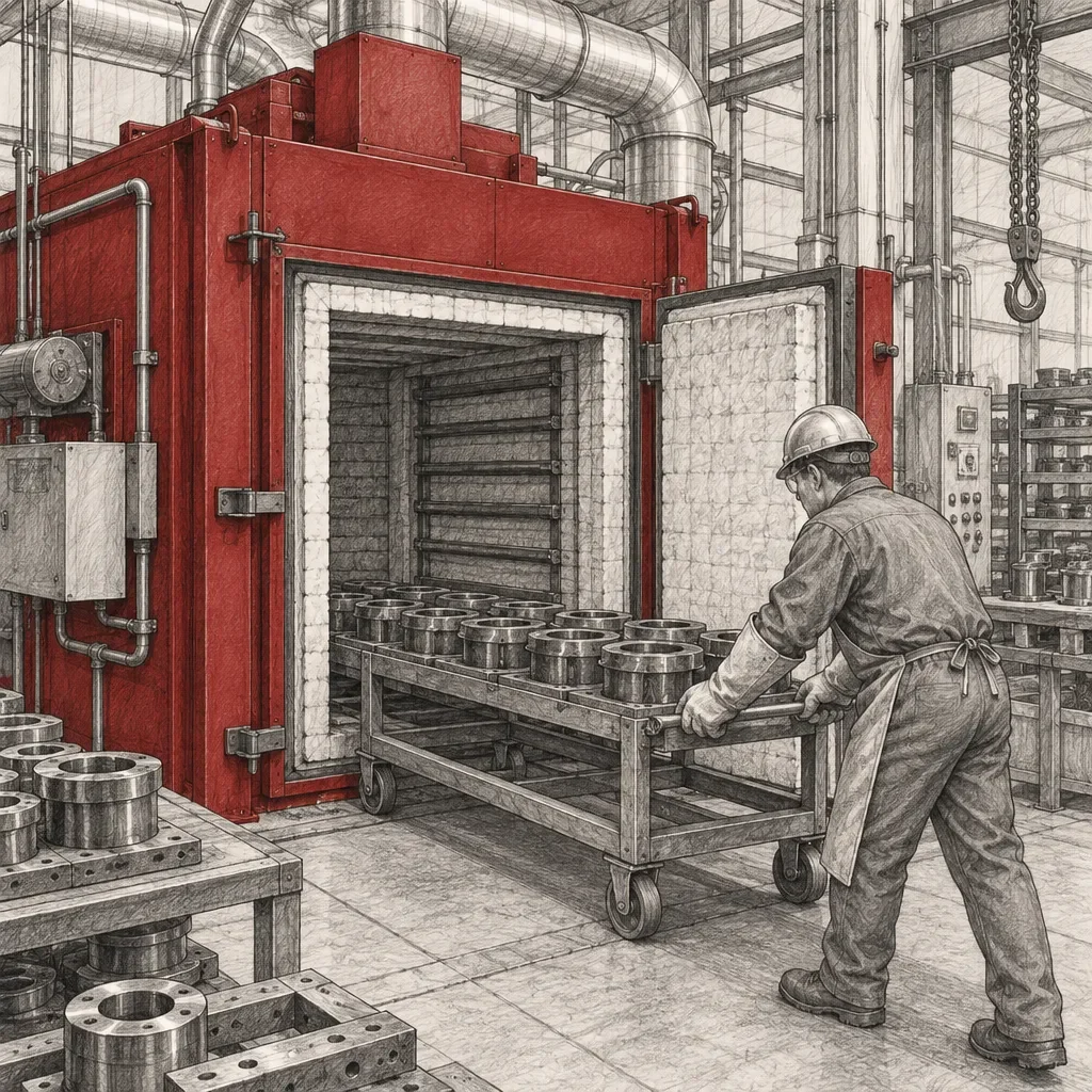 Ouvrier chargeant des pièces métalliques dans un four industriel rouge