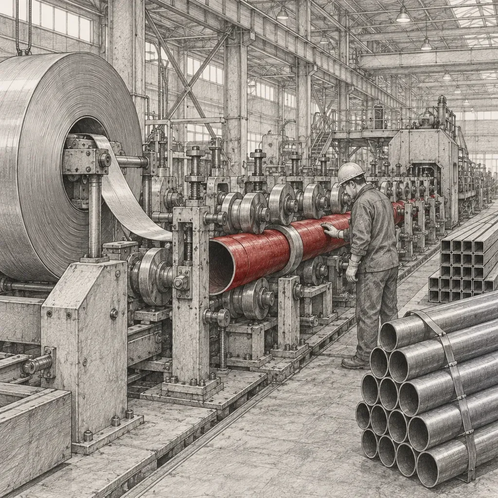 Ouvrier inspectant un tube en acier rouge sur une ligne de formage de tubes alimentée par une bobine d'acier