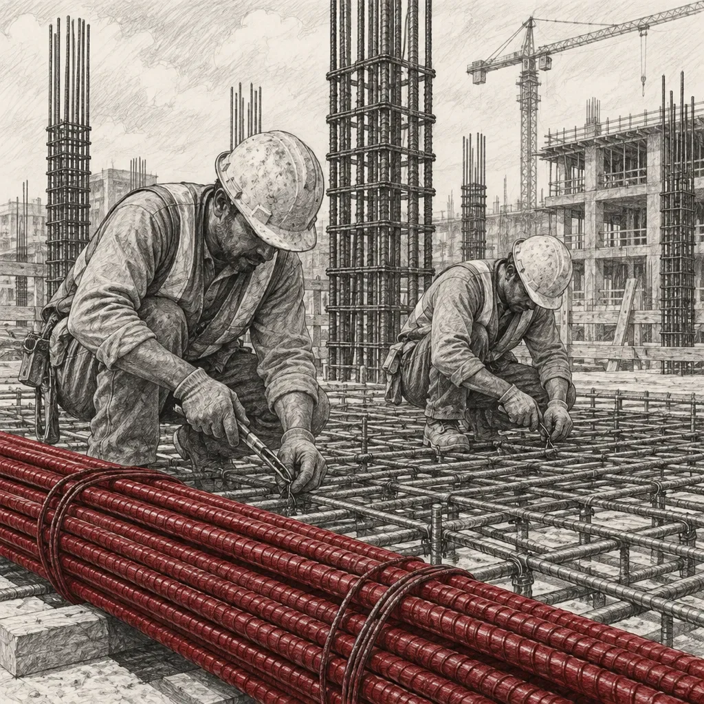 Ouvriers ligaturant un treillis d'armatures pour du béton armé sur un chantier