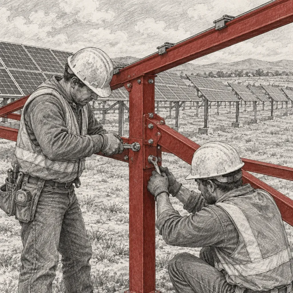 Deux ouvriers boulonnant un cadre de montage en acier rouge dans une centrale solaire
