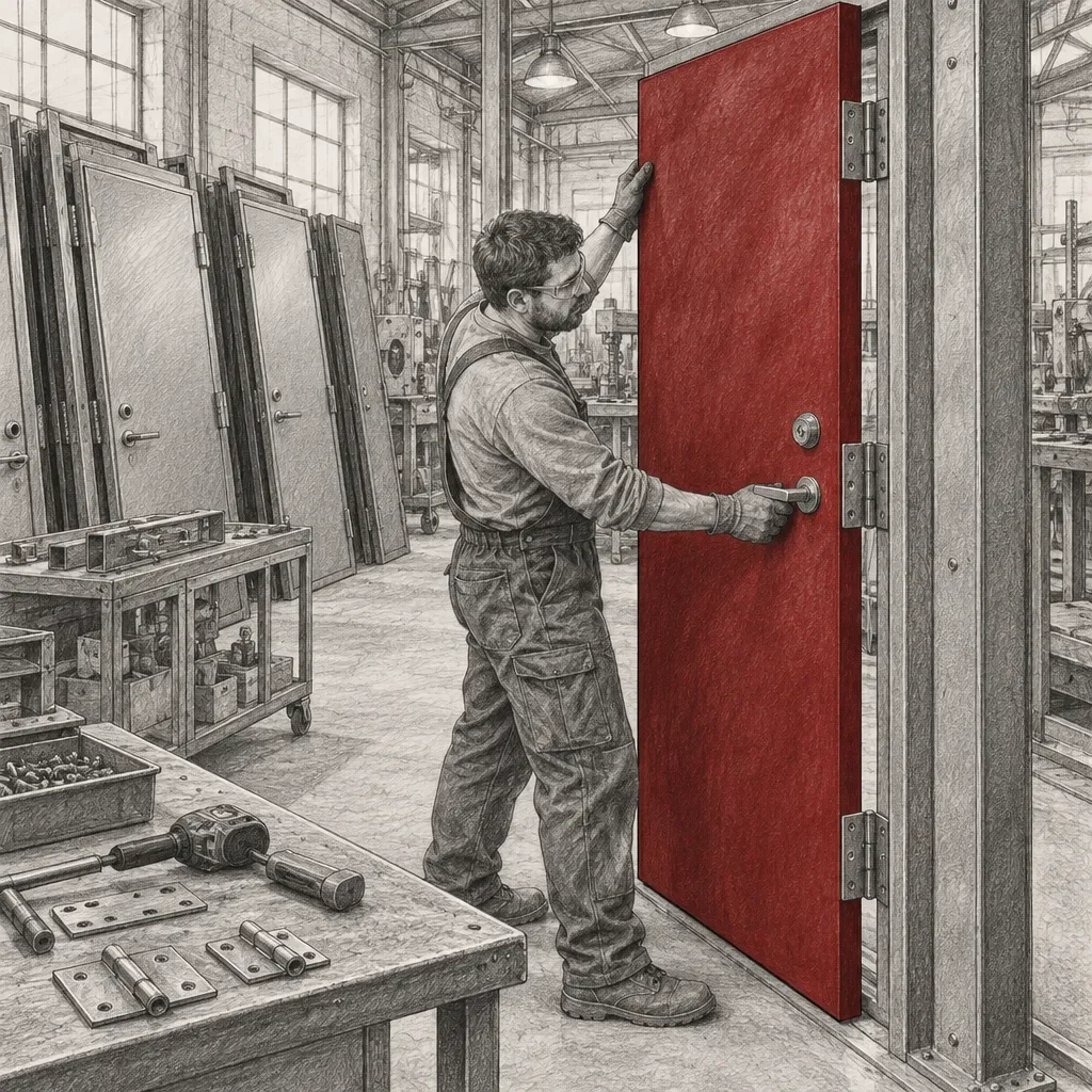 Ouvrier posant une porte en acier rouge dans un atelier de fabrication de portes