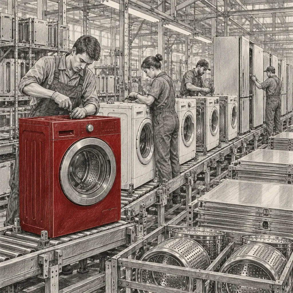 Ouvriers assemblant des machines à laver sur une chaîne de production d'appareils électroménagers