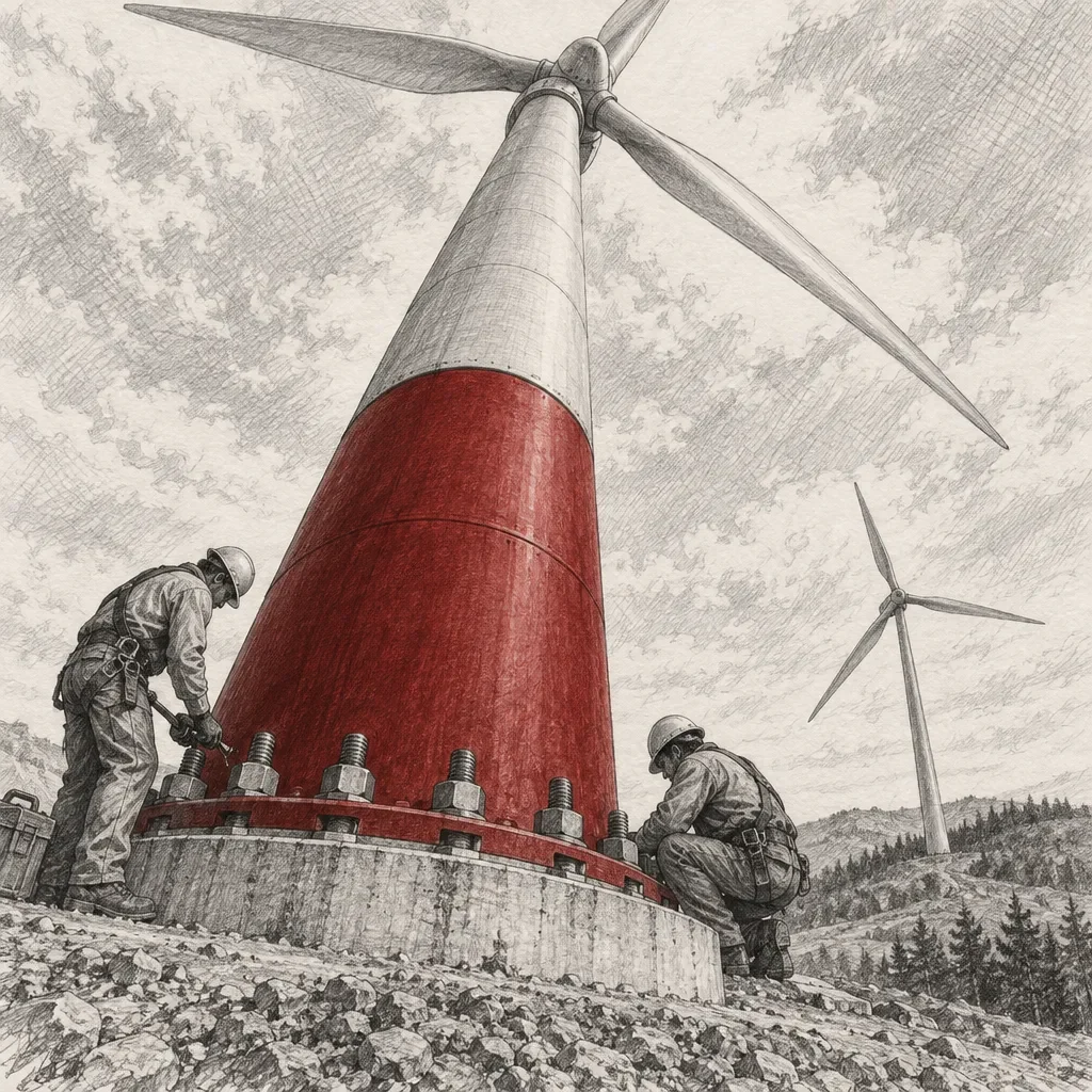 Ouvrier au pied d'une tour d'éolienne dont la partie basse est peinte en rouge